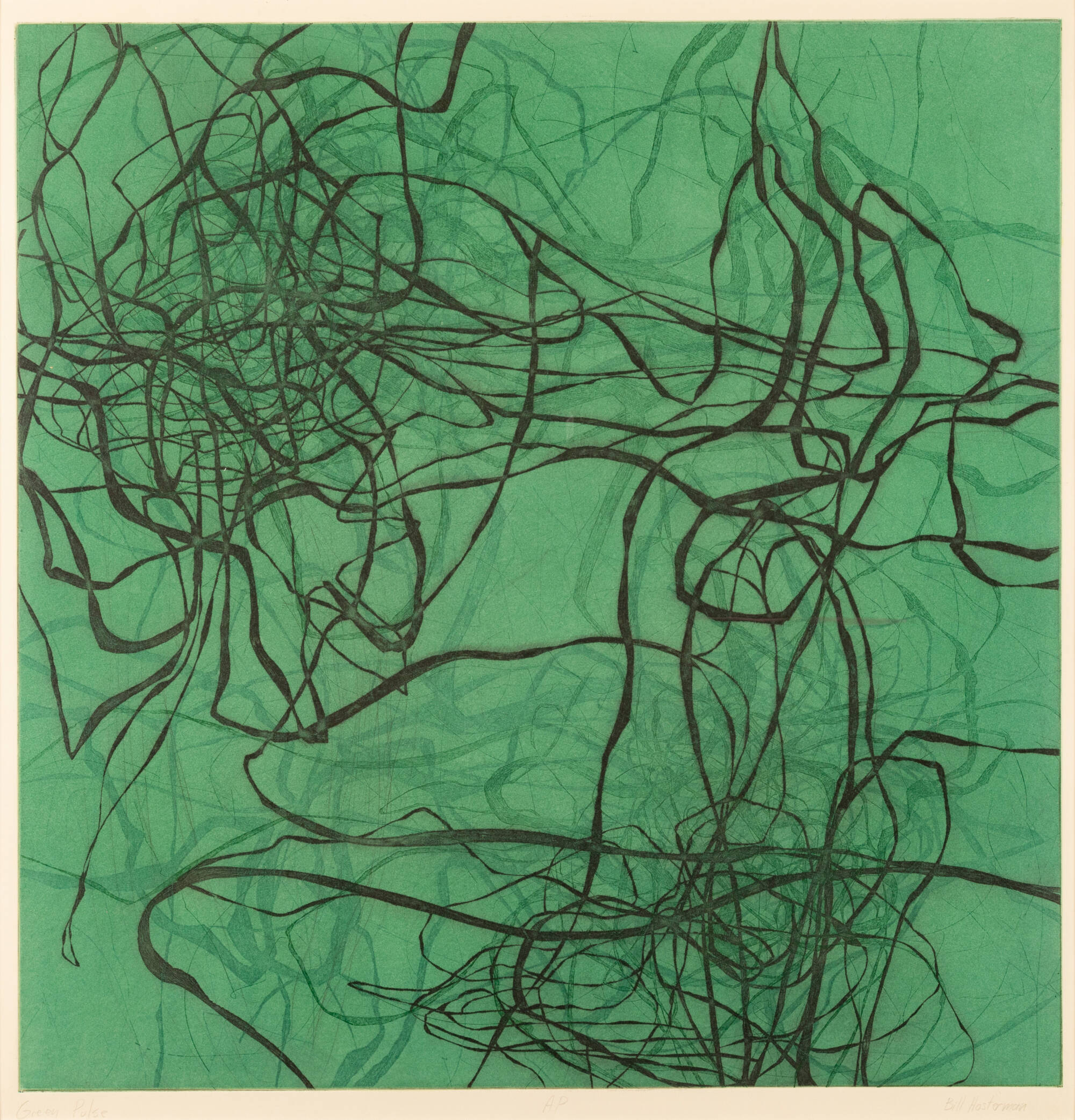 Green background with darker green and black "string" images covering surface in a design.